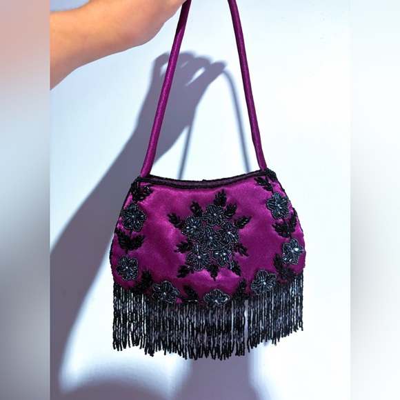 American Vintage Handbags - ✨ VINTAGE RARE 50s SMALL BEADED SATIN MINI PURSE PLUM DANGLY BEADED FRINGE ✨